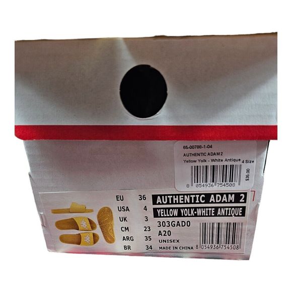 Kappa Authentic Adam 2 Yellow Yolk White Antique Youth Unisex SZ USA 4 SLIDES - Picture 2 of 4